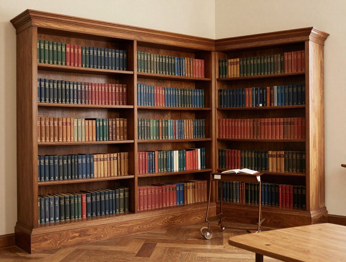 Interior de una biblioteca clásica con estanterías altas de madera oscura repletas de libros, mesa de lectura con luz de escritorio cálida, ambiente de estudio sereno y académico