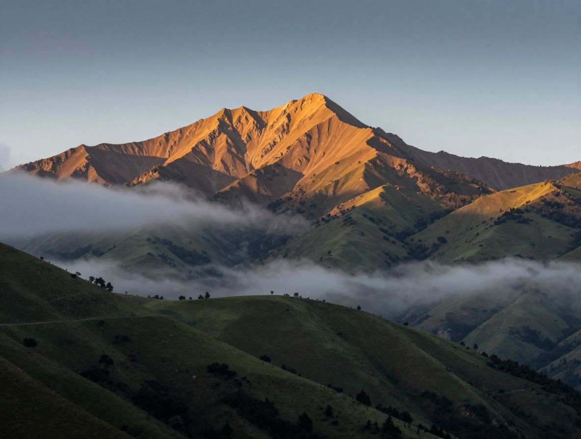 Panorama de montañas con praderas verdes al amanecer, niebla suave en los valles, luz dorada sobre los picos, evocando serenidad y equilibrio natural