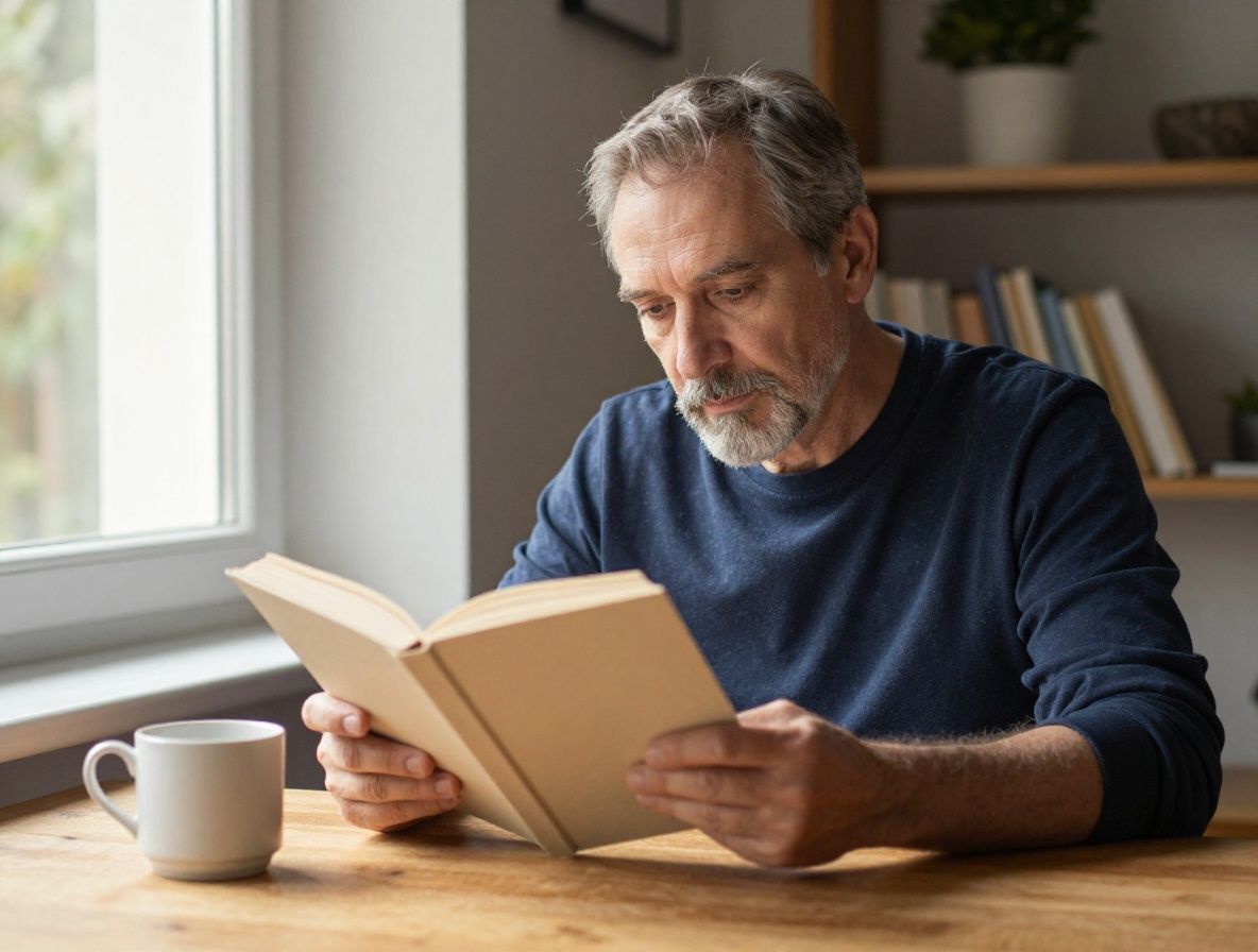 Persona adulta leyendo un libro junto a una ventana con luz natural cálida, taza de té sobre la mesa de madera, ambiente tranquilo y reflexivo