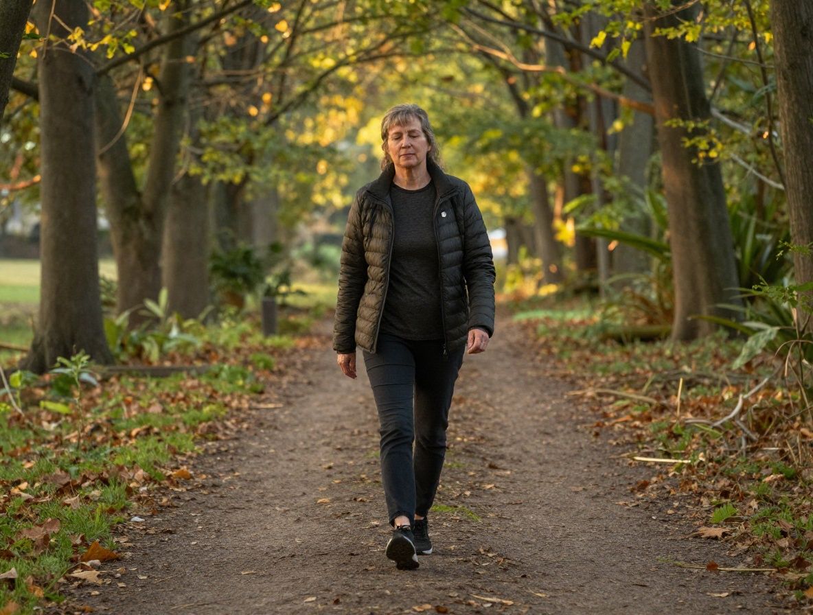 Persona adulta caminando por un sendero en un parque arbolado al amanecer, luz dorada entre los árboles, ambiente de calma y movimiento suave