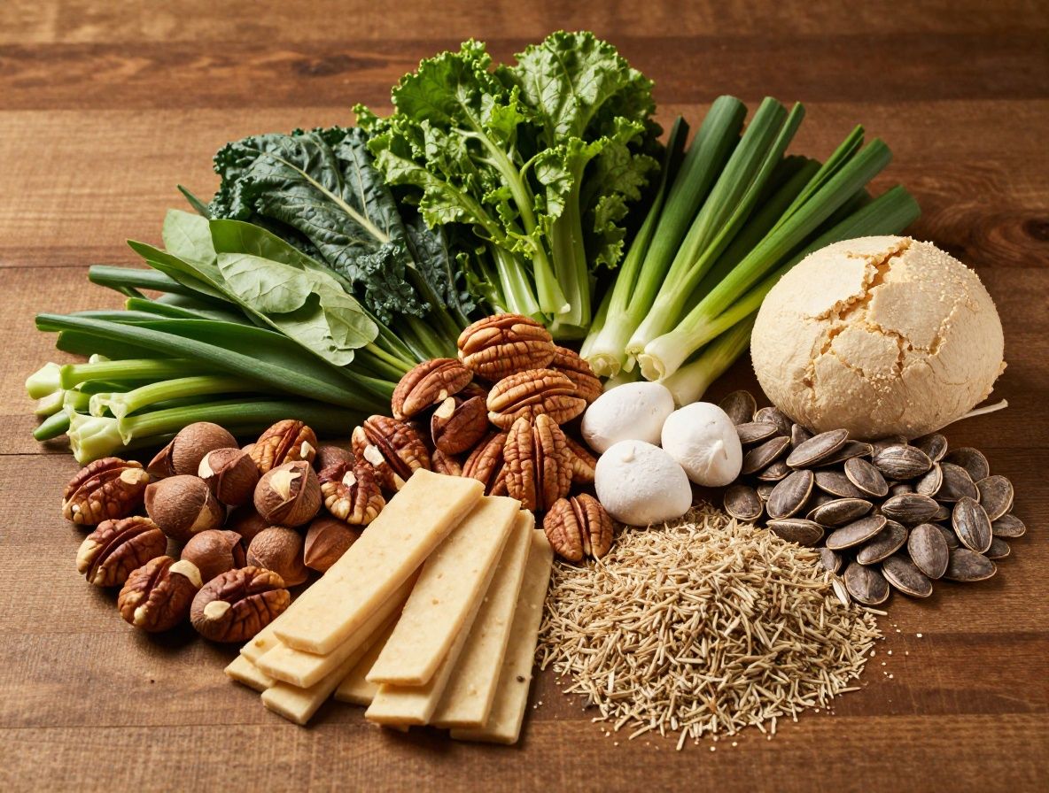 Selección variada de alimentos ricos en nutrientes: nueces, semillas, verduras de hoja oscura y legumbres sobre superficie de lino natural con luz lateral cálida